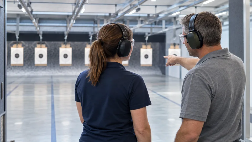 Club members talking at an indoor target range